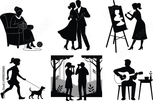 Silhouette collection showcasing people enjoying hobbies knitting dancing painting walking dogs music together