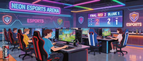 Esports arena with gamers playing on computers