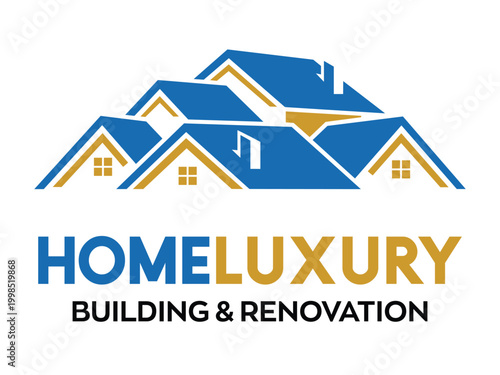 Modern and professional home building and renovation logo featuring a stylized roof icon in blue and gold colors