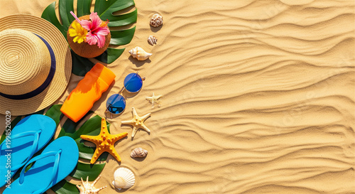 Tropical summer vacation flat lay on sand, beach accessories with coconut cocktail and palm leaves, sunny travel background with copy space
