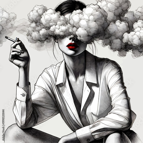 Surreal Black and White Woman Illustration Smoking with Cloud Over Eyes and Red Lips