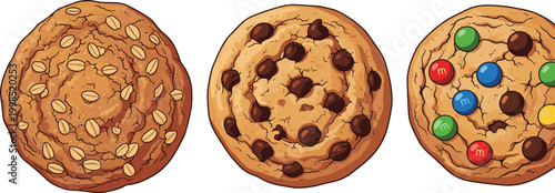 Vector illustration of three different cookies: oatmeal, chocolate chip, and candy-coated M&M cookies"