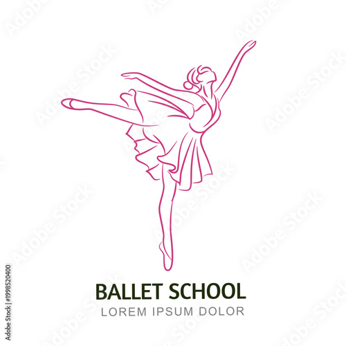 Ballet school logo design with dancing ballerina. Minimalist line art vector illustration of a girl in dress