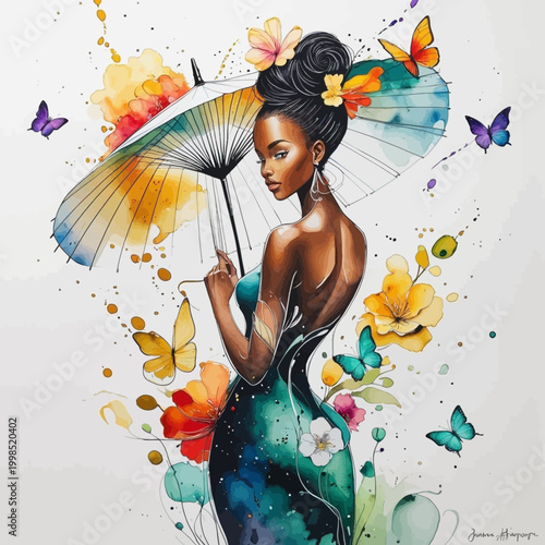 Artistic Black Woman in Teal Gown with Parasol amidst Vibrant Butterflies and Watercolor Florals
