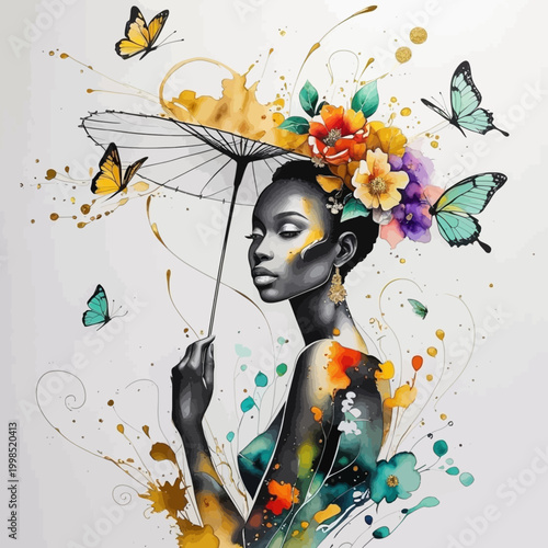 Artistic Black Woman with Floral Hair and Parasol amidst Vibrant Butterflies and Gold Splatter
