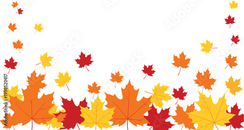 Autumn falling leaves in red, orange, and yellow scattered across a white background