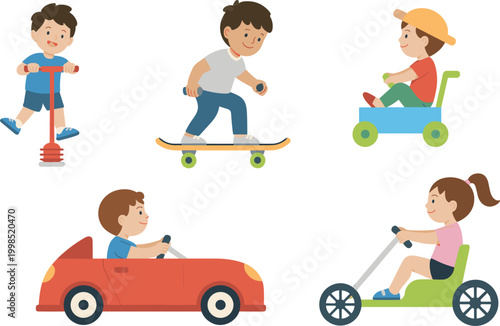 Kids riding various vehicles including skateboard scooter toy car and pedal kart illustration