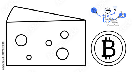 Cryptocurrency, automation, blockchain, food industry, artificial intelligence, fintech. Bitcoin logo, Swiss cheese slice and robot performing tasks. Cryptocurrency and automation concept