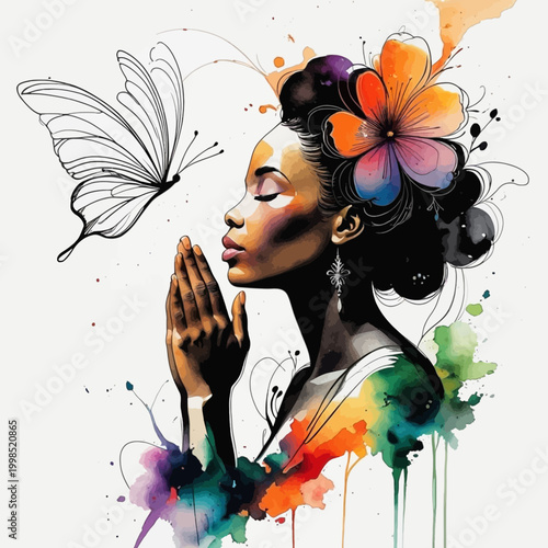 Serene Watercolor Black Woman in Prayer with Large Floral Hair Accent and Ethereal Butterfly Line Art