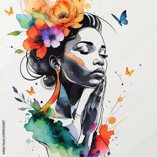 Serene Watercolor Black Woman in Meditation with Vibrant Floral Crown and Whimsical Butterflies