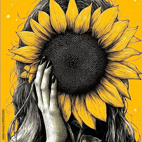 Artistic Grayscale Woman Hiding Behind Vibrant Yellow Sunflower with Black Manicure Clipart