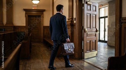 Rear view of a professional man in a suit walking out of a courtroom
