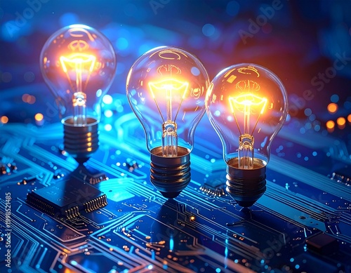 Glowing lightbulbs on circuit board