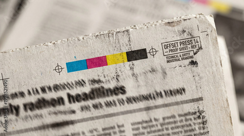 Gritty industrial newspaper texture with sharp color targets