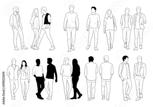 Photography Vector outline illustrations of diverse people walking and standing