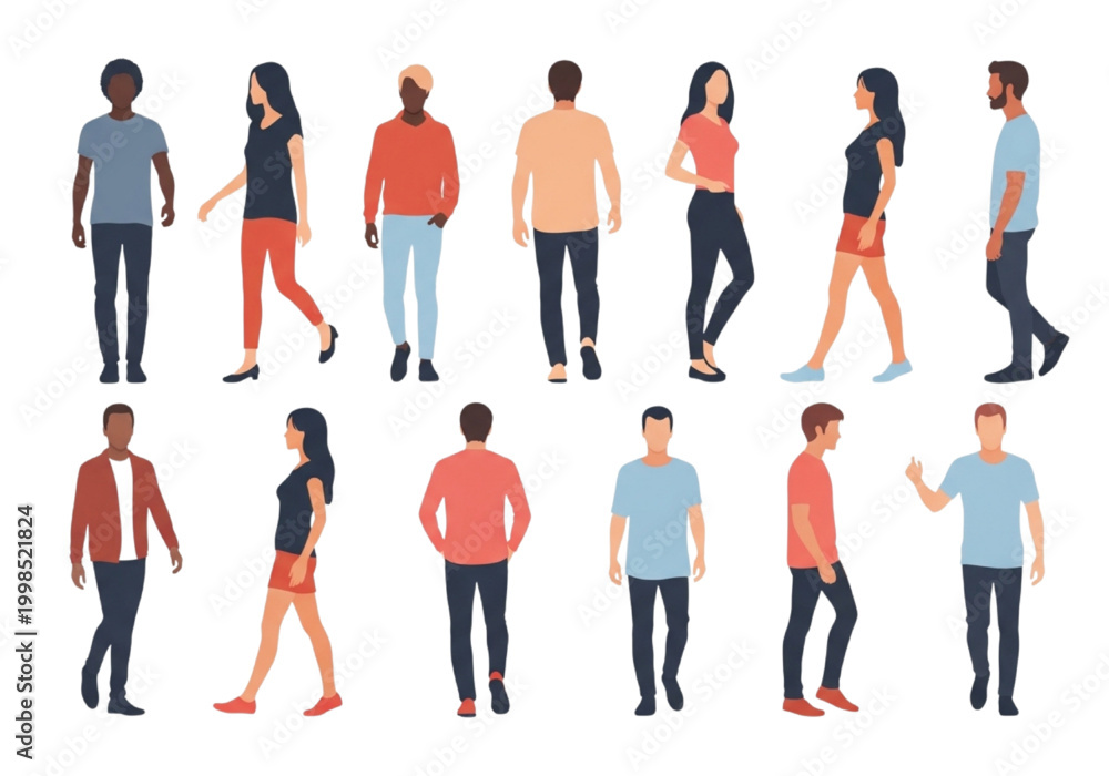Fototapeta premium Vector illustration set featuring diverse young men and women in various casual poses and modern clothing, perfect for depicting a multi-ethnic urban lifestyle and individuality