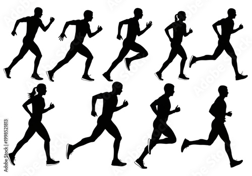 Dynamic silhouettes of diverse runners showcasing various stages of motion, ideal for depicting activity, fitness, and athletic pursuits in graphic design