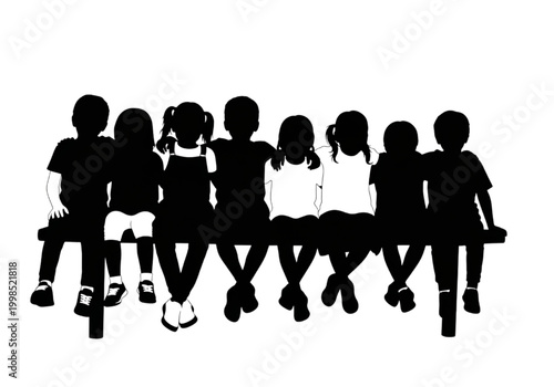 A compelling black and white silhouette illustration showcasing a diverse group of children sitting together, evoking themes of friendship, unity, and the innocence of childhood