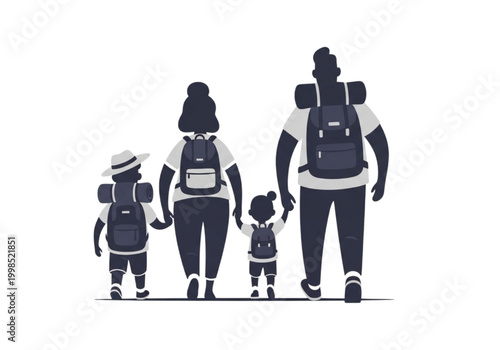 Happy family of four embarking on an exciting outdoor adventure, walking together with backpacks, symbolizing togetherness and exploration on a journey of discovery