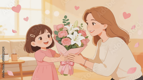 Young girl giving flowers to a woman
