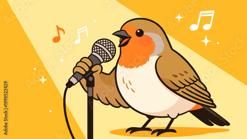 Cartoon bird singing with microphone