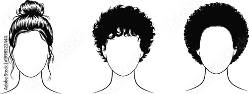 Minimalist faceless woman portraits showcasing diverse trendy hairstyles isolated black vector illustration