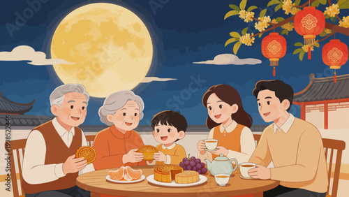 Family gathering under moonlight