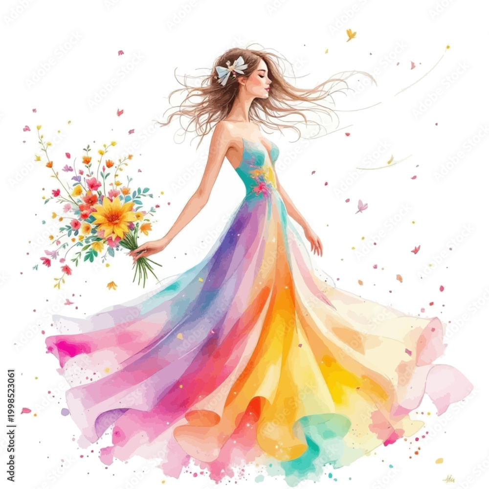 Fototapeta premium Vibrant Watercolor Illustration of a Graceful Young Woman in a Flowing Rainbow Gown Holding a Colorful Wildflower Bouquet 