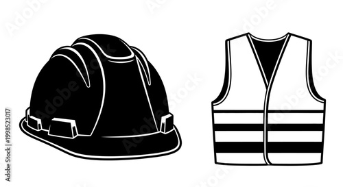 Foto MAY DAY construction safety icons, hard hat and vest, black and white, vector gr