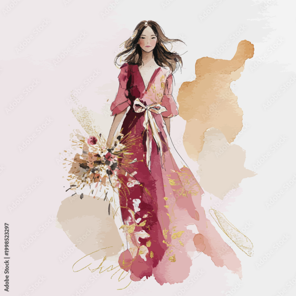 Fototapeta premium Artistic Watercolor Fashion Illustration of a Woman in a Burgundy and Peach Gown with an Elegant Ribbon Sash 