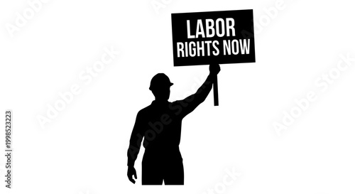 MAY DAY Labor rights protest vector, activist holding sign, social justice illustration, black silhouette vector