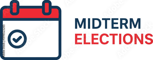 A calendar icon with a checkmark next to the text "MIDTERM ELECTIONS" in blue and red lettering, symbolizing an important voting date.