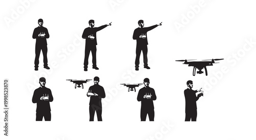 Set of black drone pilot silhouettes showing different poses holding remote controller isolated on white background art.