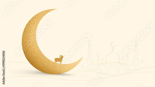 Golden crescent moon with a ram silhouette overlooking a mosque landscape celebrating Islamic culture and tradition