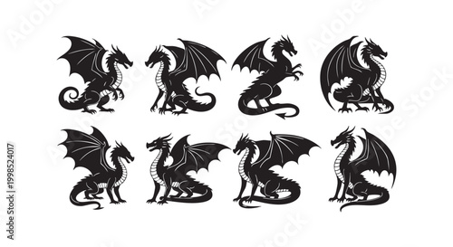 Set of black dragon silhouettes in various fighting poses isolated on white background for fantasy graphic projects.