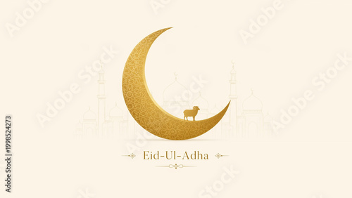 Golden crescent moon with a silhouette sheep on the backdrop of mosque outlines representing Eid Al Adha celebration