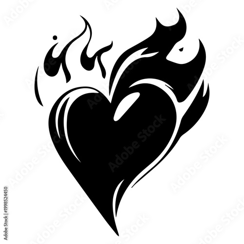 Black and white drawing of a heart on fire.