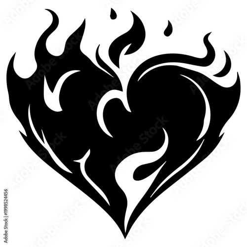 Black and white drawing of a heart on fire.