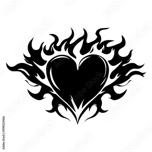 Black and white drawing of a heart on fire.