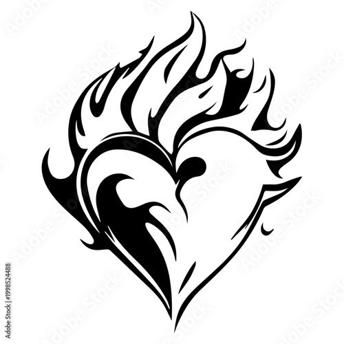 Black and white drawing of a heart on fire.