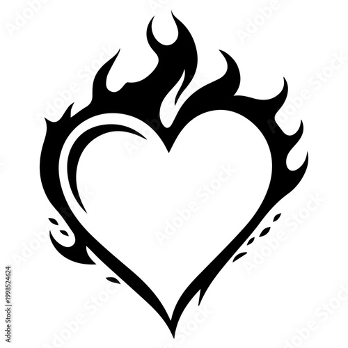 Black and white drawing of a heart on fire.