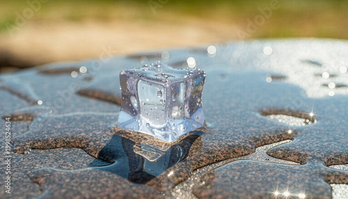 Single ice cube melting on stone surface outdoors, cold water drops and wet texture　屋外の石の上で溶ける一つの氷のキューブ、冷たい水滴と濡れたテクスチャ