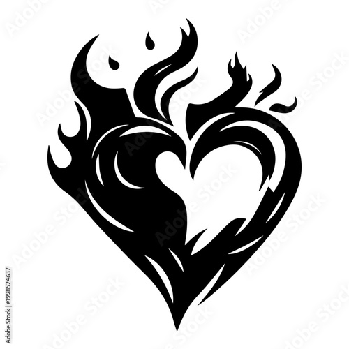 Black and white drawing of a heart on fire.