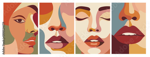Abstract minimalist modern art prints with aesthetic female portraits and facial features in colorful contemporary style.