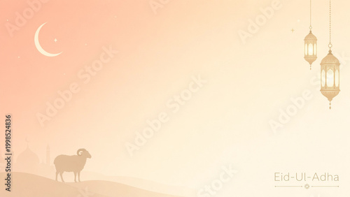 Islamic crescent moon and mosque silhouette with a sheep and hanging lanterns for Eid alAdha celebration