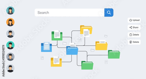 Illustration of a digital file management system with interconnected colorful folders and user icons.