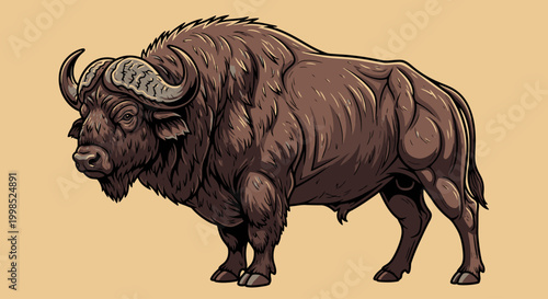Detailed illustration of a large bison standing on a beige background.
