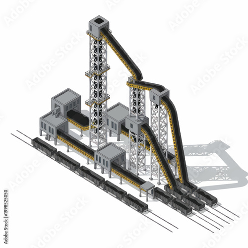 Industrial coal mine processing plant with trains.