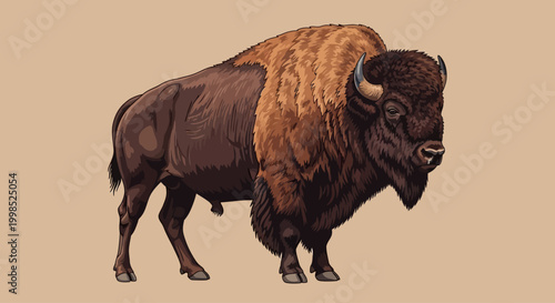 Detailed illustration of a standing American bison on a plain background.