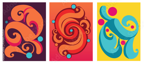 Photos Three colorful vector illustrations with psychedelic swirls and playful organic elements